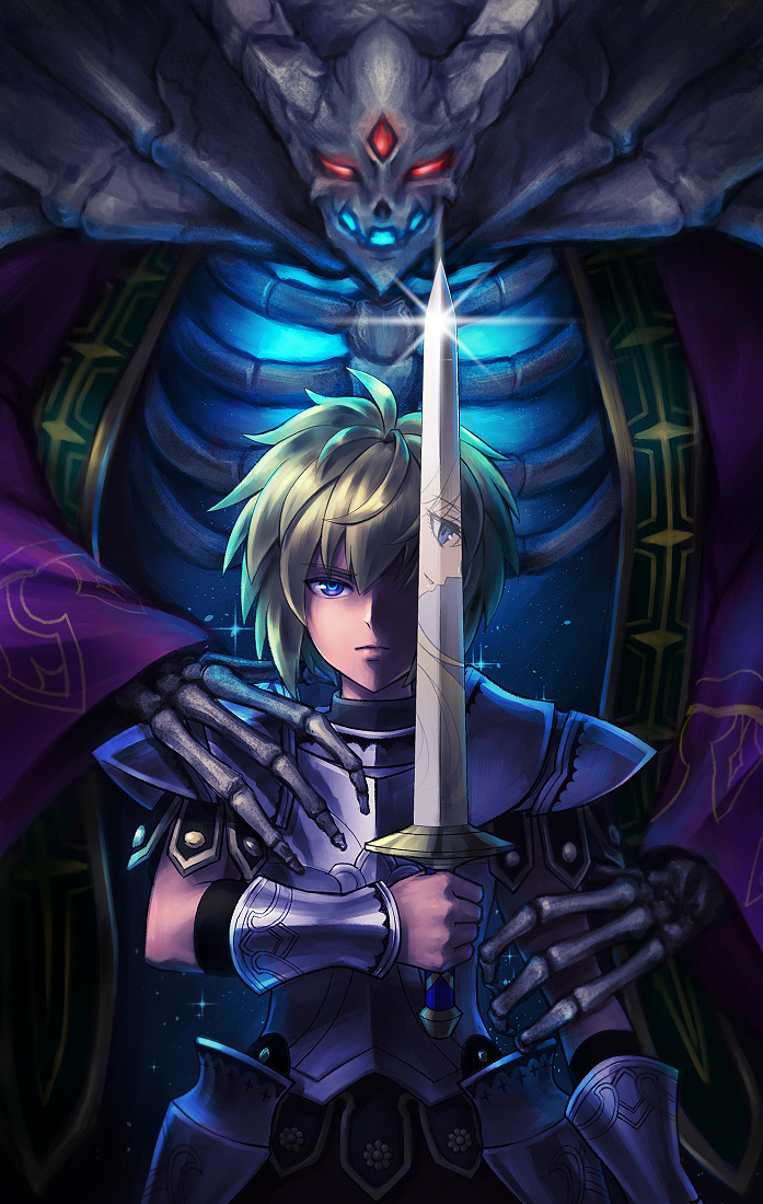 2boys armor blonde_hair blue_eyes bracer breastplate dark_persona demon dyluck faulds glowing glowing_eyes height_difference holding holding_sword holding_weapon lich mind_control multiple_boys one_eye_covered pauldrons primm red_eyes reflection ribs seiken_densetsu seiken_densetsu_2 shimeji_(simejigesyu) spoilers sword thanatos_(seiken_densetsu) third_eye weapon