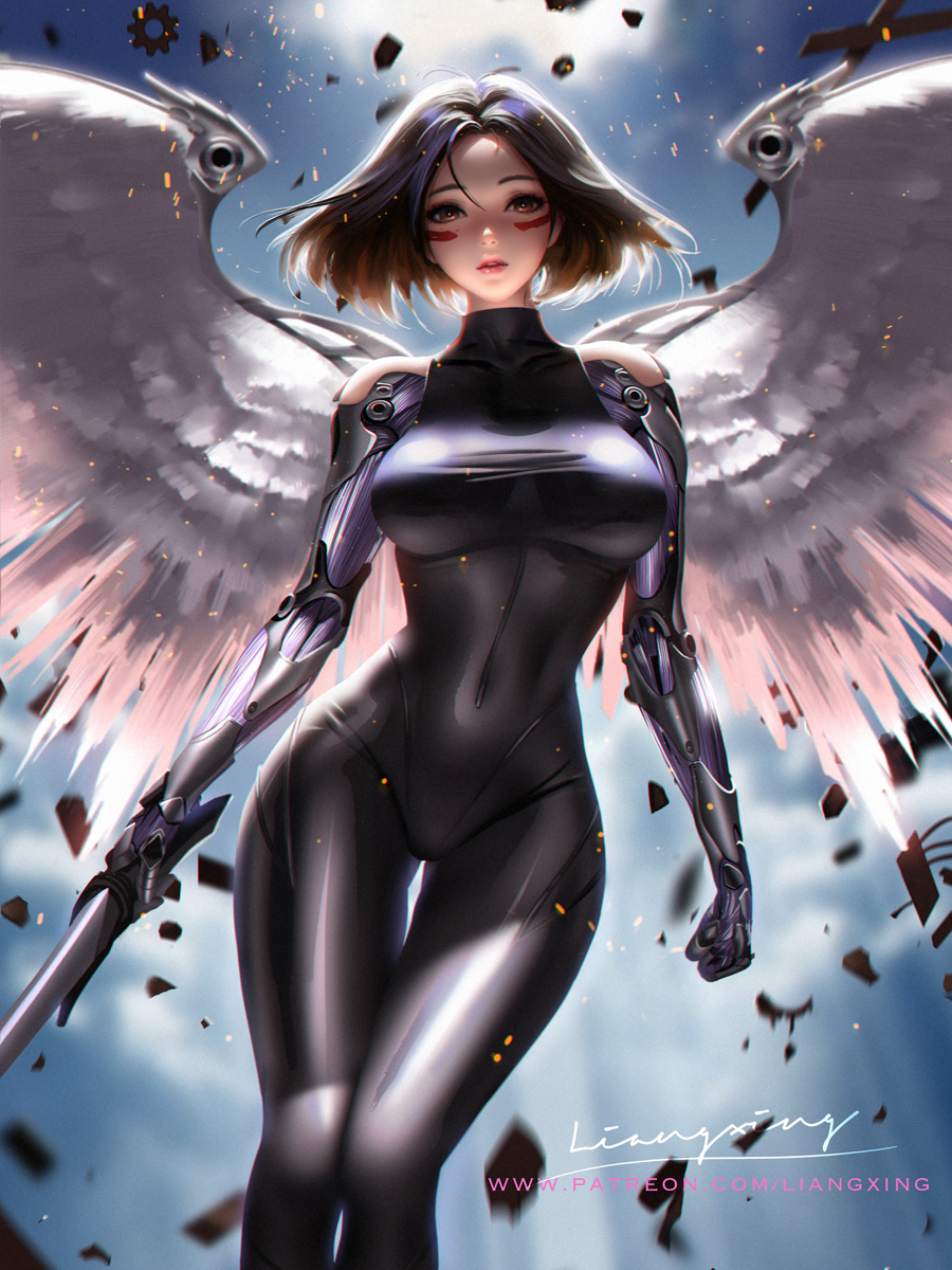 1girl alita:_battle_angel angel_wings artist_name backlighting black_hair blurry blurry_background brown_eyes covered_navel cyborg debris embers facepaint gally gears gunnm highres impossible_clothes liang_xing looking_at_viewer mechanical_arm mechanical_wings parted_lips patreon_username shiny shiny_clothes signature sleeveless solo sword thigh_gap watermark weapon web_address wings