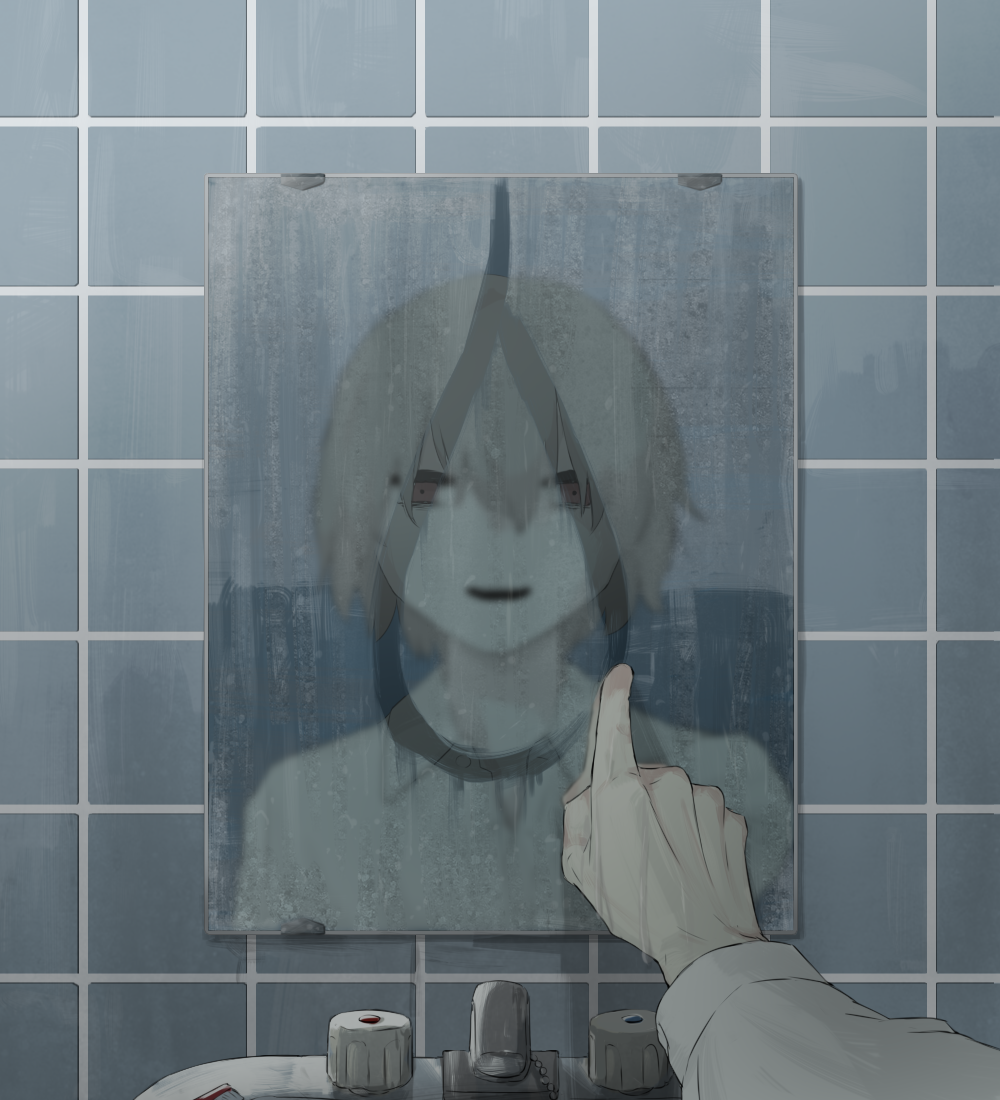 1boy avogado6 collared_shirt commentary condensation faucet grey_hair indoors male_focus mirror original parted_lips pov red_eyes reflection shirt smile solo tile_wall tiles white_shirt window_writing wing_collar