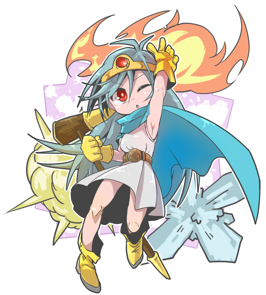 1girl arm_up blue_cape blue_hair boots cape circlet dragon_quest dragon_quest_iii dress eyebrows_visible_through_hair fire full_body gem gloves hair_between_eyes holding holding_staff ice jamir legs_apart long_hair one_eye_closed open_mouth outline red_eyes sage_(dq3) sleeveless sleeveless_dress solo staff v-shaped_eyebrows white_dress white_outline yellow_footwear yellow_gloves