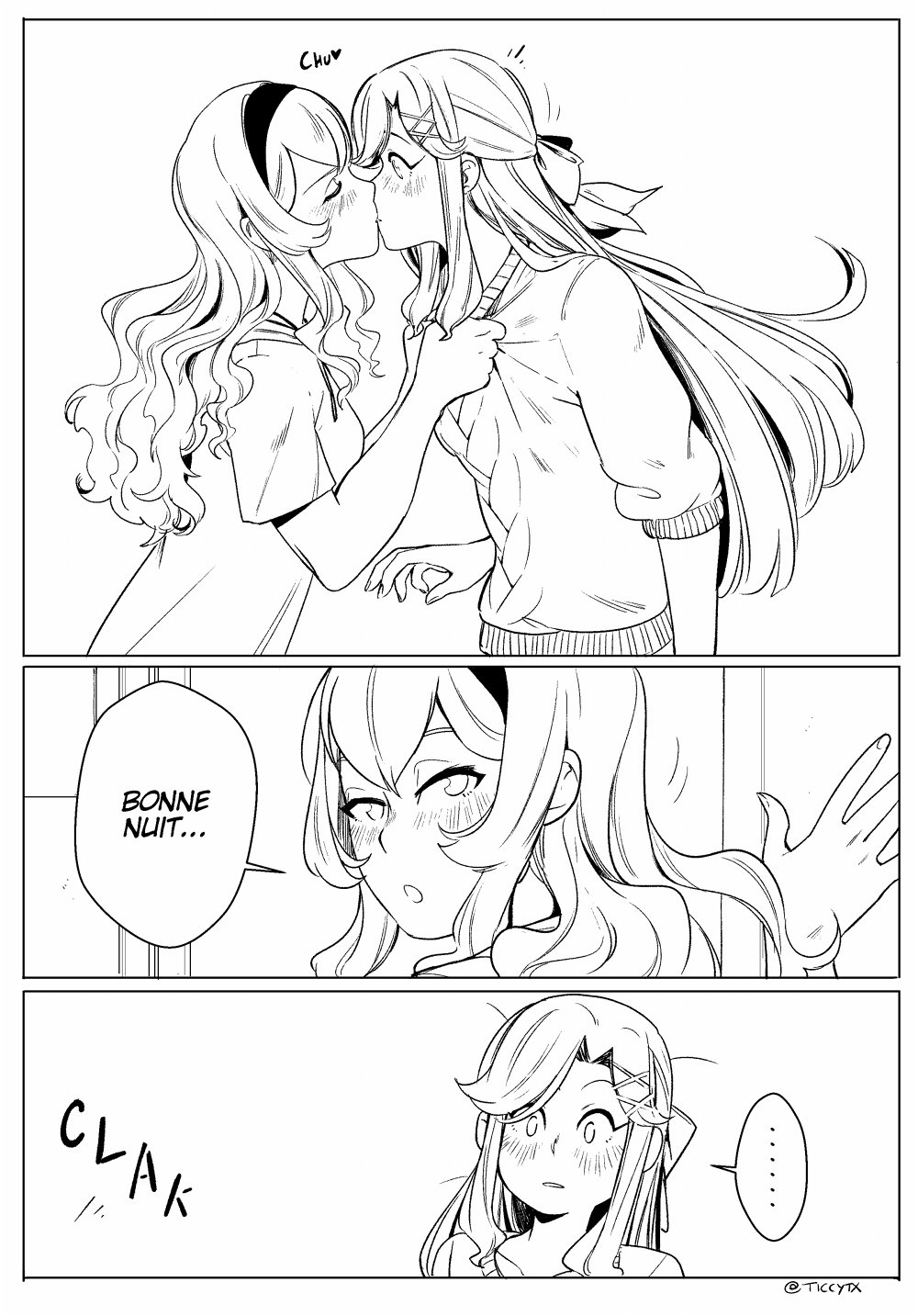 ... 2girls 3koma blush clothes_grab collar_grab comic commentary english_commentary french_text hair_ornament hair_ribbon hairband highres kiss long_hair monochrome multiple_girls ribbon saijou_claudine shoujo_kageki_revue_starlight surprise_kiss surprised sweater tendou_maya ticcy twitter_username x_hair_ornament yuri