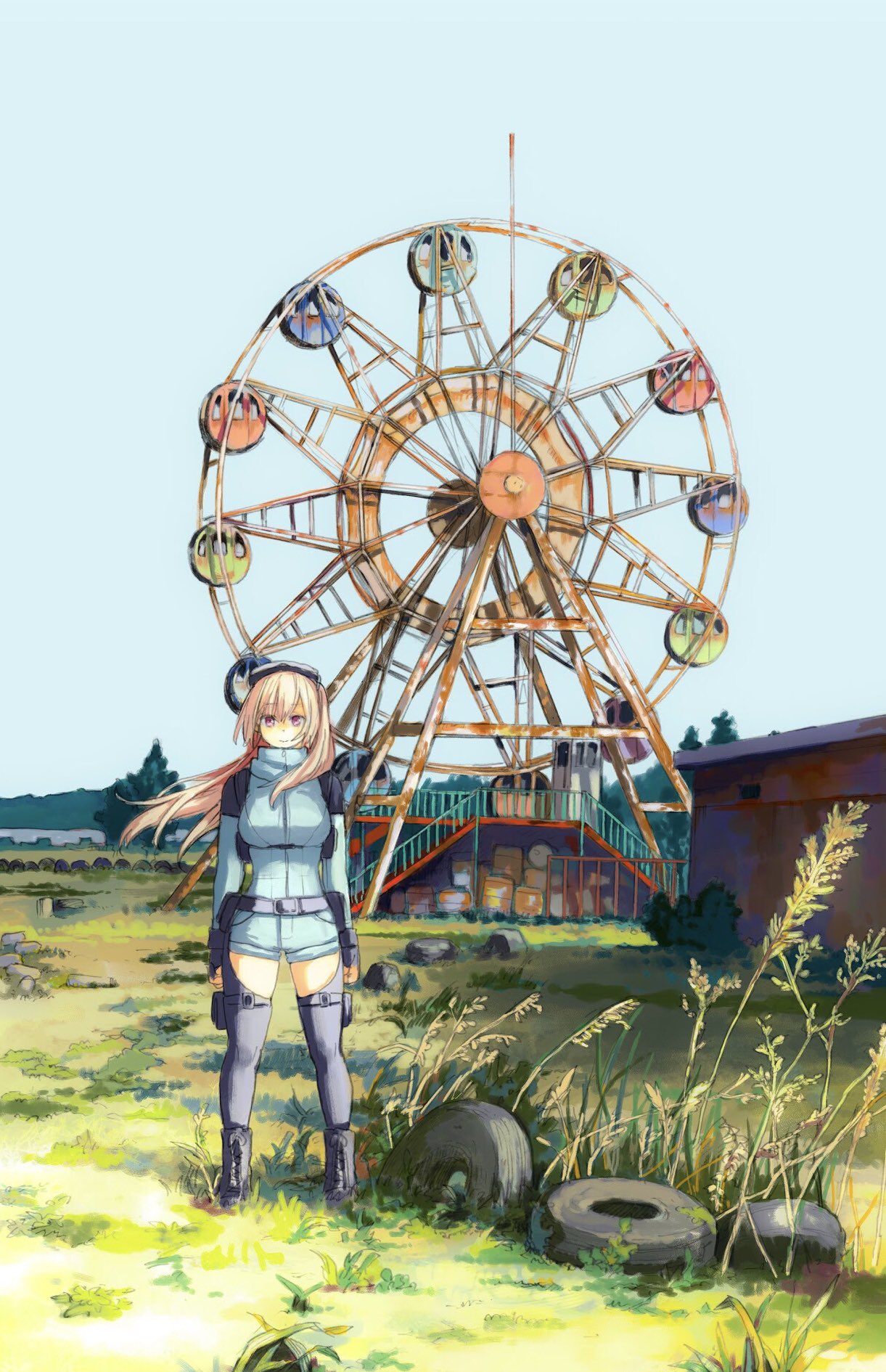 1girl akiyama_youkou ankle_boots belt belt_pouch black_footwear black_legwear blonde_hair blue_sky boots breasts commentary_request cross-laced_footwear day ferris_wheel goggles goggles_on_head grass highres jpeg_artifacts lace-up_boots large_breasts long_hair long_sleeves looking_at_viewer outdoors pink_eyes pouch saguri-chan_tankentai shinobima_saguri sky solo standing thigh-highs tire tree wind