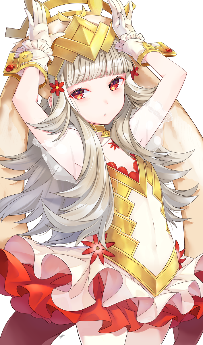 1girl animal_ears armpits arms_up bangs bare_arms blunt_bangs blush bow bunny_tail bunnysuit center_opening commentary_request crown fake_animal_ears fire_emblem fire_emblem_heroes frilled_cuffs gloves grey_hair hair_ornament highres kemonomimi_mode long_hair looking_at_viewer navel nintendo pantyhose parted_lips rabbit rabbit_ears red_eyes ringozaka_mariko sidelocks simple_background solo stomach tail veronica_(fire_emblem) white_background wrist_cuffs