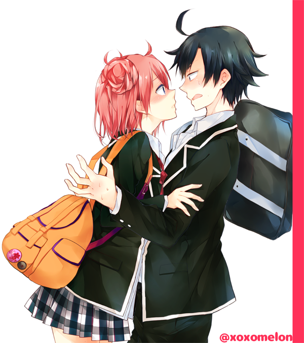 1boy 1girl ahoge announcement_celebration backpack bag bag_charm black_hair black_jacket black_pants blazer blush charm_(object) commentary_request face-to-face hand_on_another's_arm hetero hikigaya_hachiman jacket leaning_forward long_sleeves looking_at_another miniskirt open_mouth pants parted_lips peke_(xoxopeke) pink_hair plaid plaid_skirt pleated_skirt red_neckwear school_bag school_uniform short_hair side_bun skirt sweatdrop twitter_username yahari_ore_no_seishun_lovecome_wa_machigatteiru. yuigahama_yui