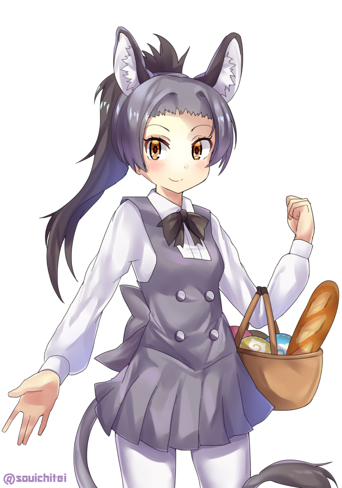 1girl animal_ear_fluff arm_up baguette basket black_neckwear blue_hair blush bow bowtie bread breasts carrying clenched_hand cowboy_shot donkey_(kemono_friends) donkey_ears donkey_tail dress food gradient_hair grey_dress japari_bun kemono_friends long_sleeves looking_at_viewer multicolored_hair open_hand orange_eyes pantyhose pinafore_dress ponytail shirt simple_background small_breasts smile solo souichitei standing twitter_username white_background white_legwear white_shirt