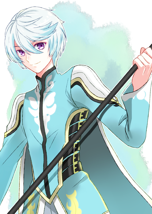 1boy cape eyebrows_visible_through_hair hair_between_eyes holding holding_staff long_sleeves looking_at_viewer male_focus mikleo_(tales) saklo silver_hair smile solo staff standing tales_of_(series) tales_of_zestiria violet_eyes white_cape