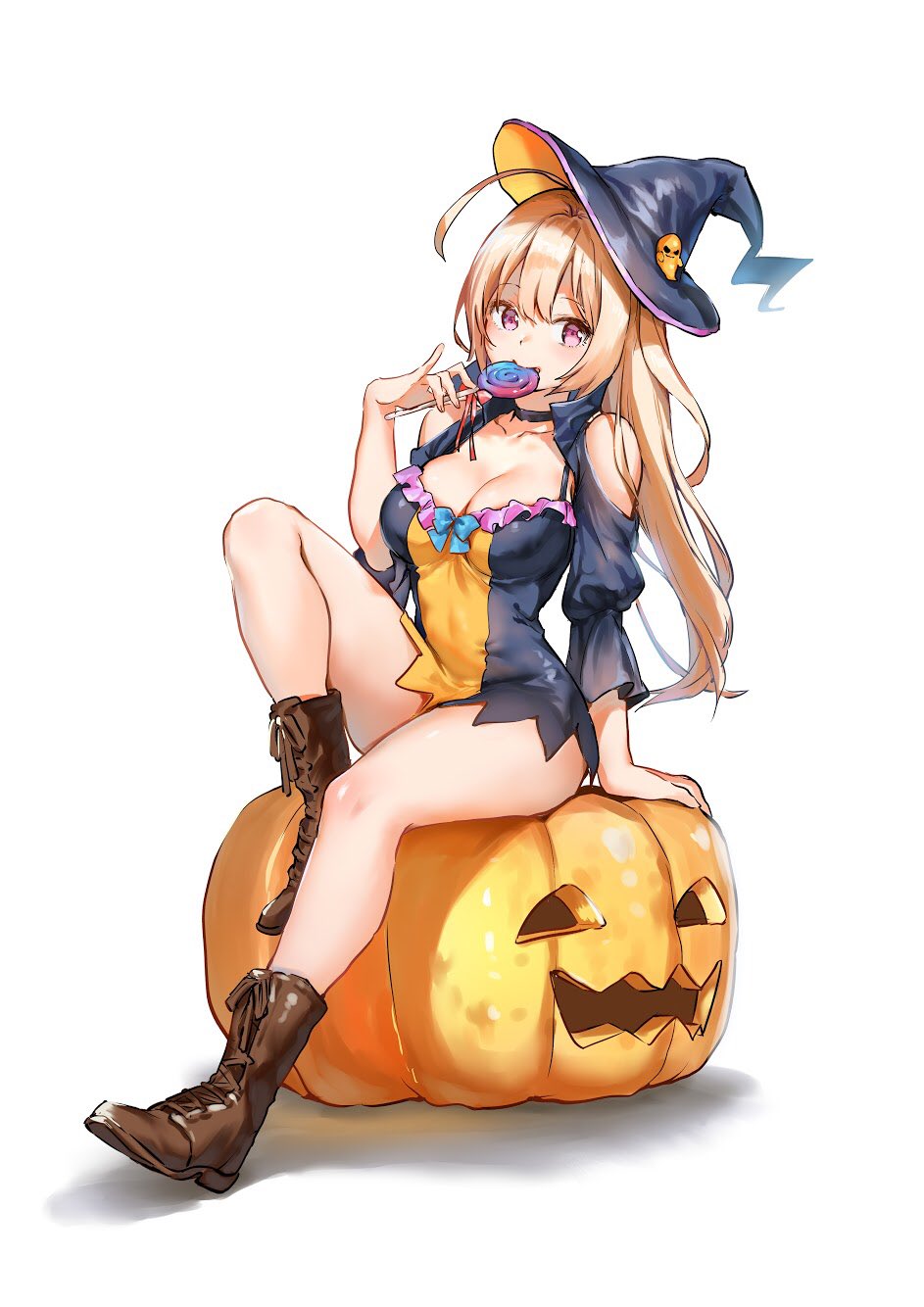1girl ahoge akiyama_youkou ankle_boots arm_support blonde_hair boots bow breasts brown_footwear candy choker cleavage cross-laced_footwear dress food food_in_mouth full_body halloween halloween_costume hat highres holding holding_food holding_lollipop jack-o'-lantern knee_up lace-up_boots lollipop long_hair long_sleeves looking_at_viewer medium_breasts pink_eyes pumpkin saguri-chan_tankentai shinobima_saguri short_dress shoulder_cutout simple_background sitting solo swirl_lollipop white_background witch_hat