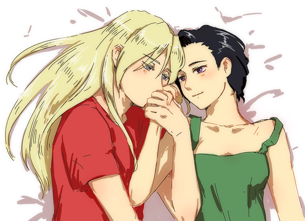 1boy 1girl black_eyes black_hair blonde_hair blush green_tank_top gundam gundam_wing hand_kiss itou_katsumi kiss long_hair lucrezia_noin red_shirt shirt short_hair strap_slip tank_top white_background zechs_merquise