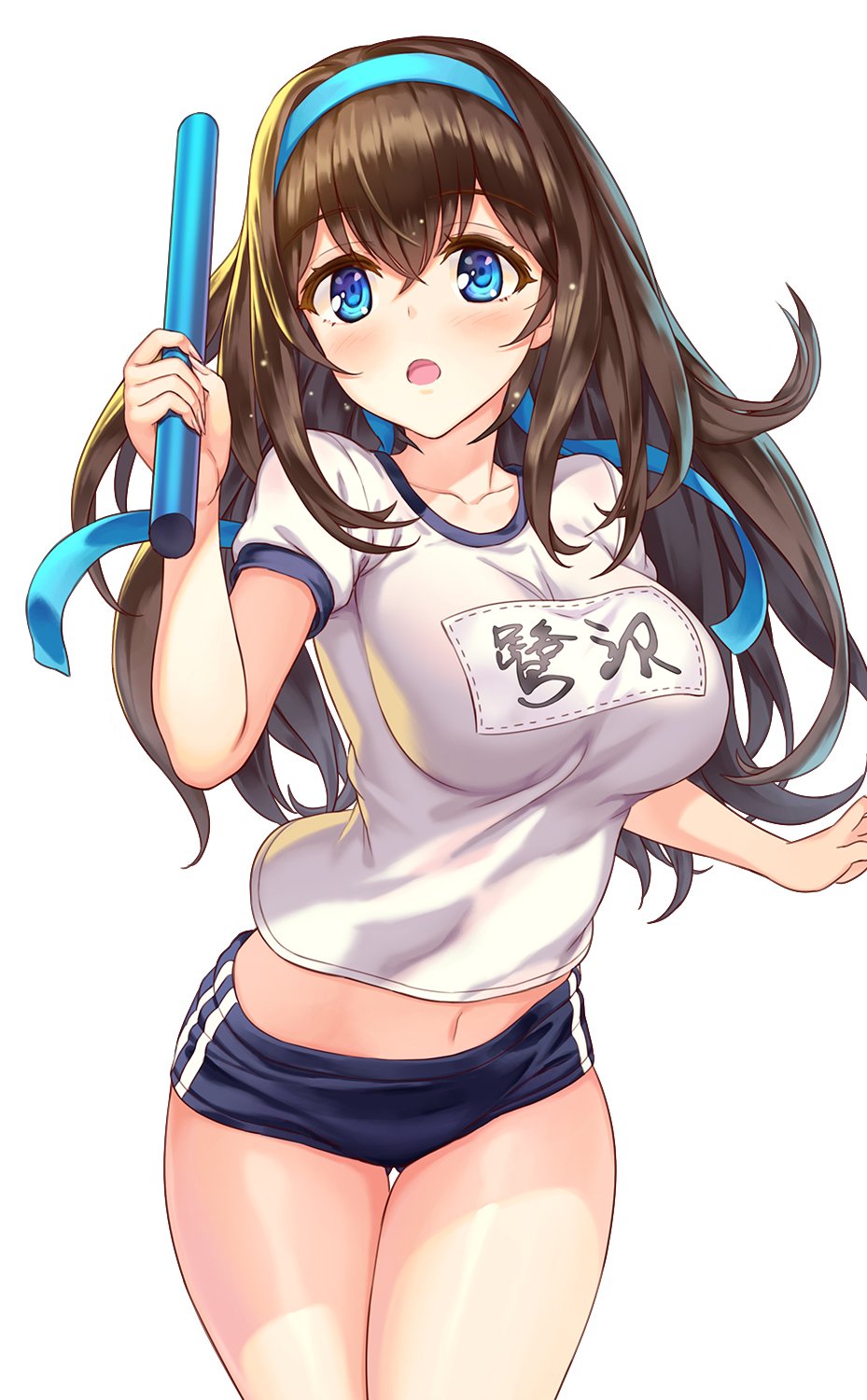 1girl bare_arms blue_eyes blue_hairband blue_shorts blush breasts brown_hair collarbone eyebrows_visible_through_hair hair_between_eyes hairband hhama highres holding idolmaster idolmaster_cinderella_girls large_breasts long_hair looking_at_viewer navel open_mouth sagisawa_fumika shirt shorts simple_background solo sportswear translation_request white_background white_shirt