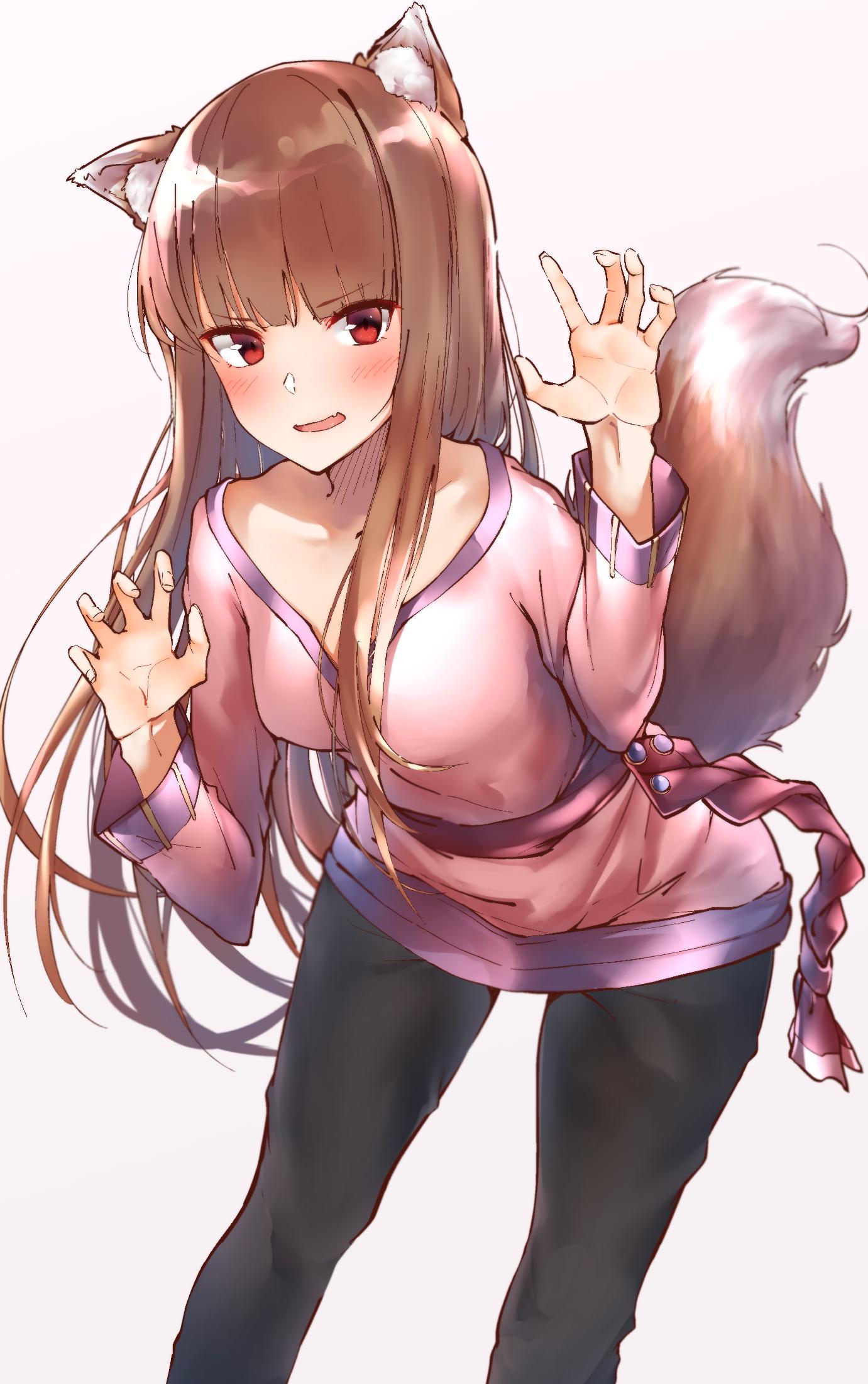 1girl animal_ear_fluff animal_ears black_legwear breasts brown_hair collarbone commentary_request eyebrows_visible_through_hair hechi_(hechi322) highres holo long_hair long_sleeves looking_at_viewer medium_breasts pants paw_pose red_eyes simple_background smile solo spice_and_wolf tail white_background wolf_ears wolf_tail