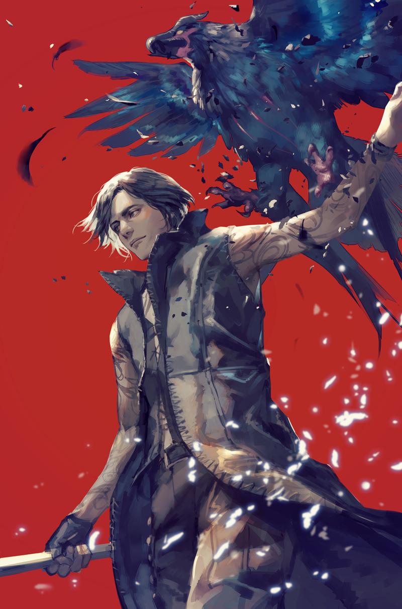 1boy arm_tattoo bare_shoulders beak belt belt_buckle bird black_belt black_coat black_eyes black_gloves black_hair blue_feathers bracelet buckle cane closed_mouth coat devil_may_cry devil_may_cry_5 feathers fingerless_gloves gloves glowing hage2013 highres holding holding_cane jewelry pocket red_background simple_background standing talons tattoo v_(devil_may_cry) yellow_eyes