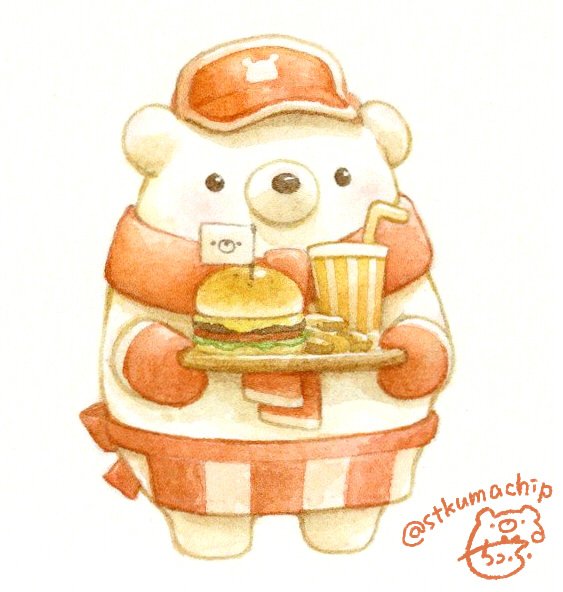 artist_name bear black_eyes blush cup drinking_straw flag food hamburger hat looking_at_viewer no_humans original polar_bear red_hat red_mittens signature st.kuma standing transparent_background twitter_username white_background