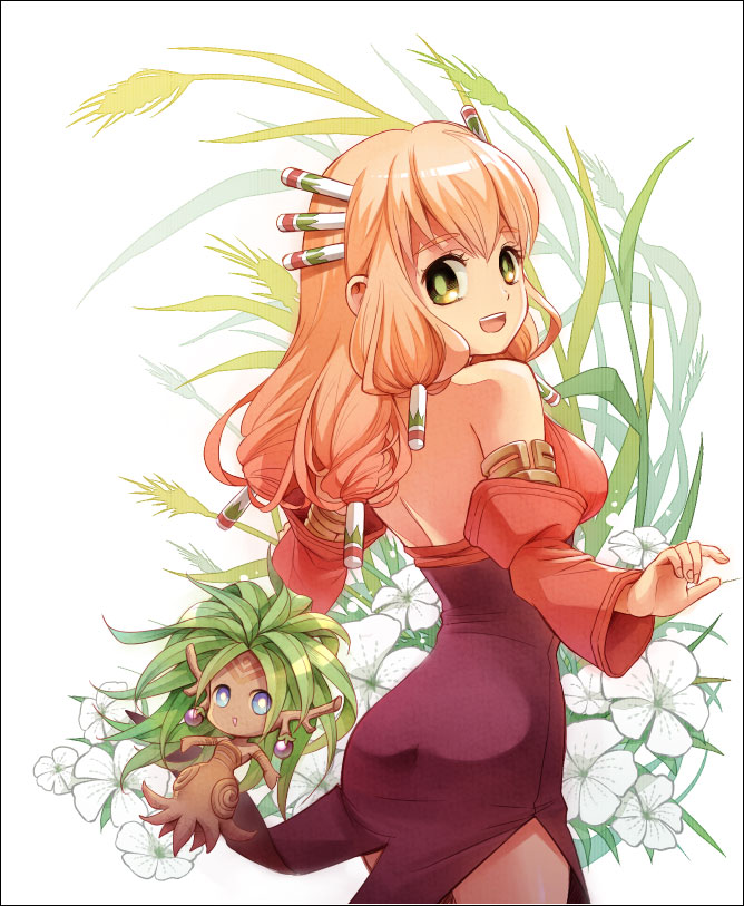 1girl :d armband bare_shoulders blonde_hair blue_dress blush breasts brown_hair closed_mouth criss-cross_halter detached_sleeves dress dryad_(seiken_densetsu) eye_contact facing_viewer fur_trim green_background green_eyes hair_ornament hair_tubes halter_top halterneck house imu_(lom) legend_of_mana long_hair looking_at_another looking_at_viewer medium_breasts miniature open_mouth polearm seiken_densetsu simple_background smile solo souichi upper_body violet_eyes weapon wings