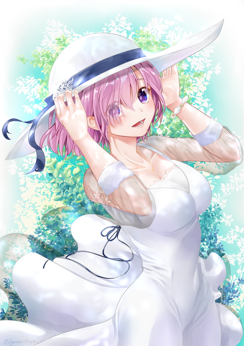 1girl :d ayame_chiyo black_ribbon breasts cleavage collarbone dress eyebrows_visible_through_hair eyes_visible_through_hair fate/grand_order fate_(series) hair_between_eyes hair_over_one_eye hat hat_ribbon highres large_breasts long_dress long_sleeves mash_kyrielight open_mouth pink_hair ribbon see-through shiny shiny_hair short_hair smile solo standing sun_hat sundress violet_eyes white_dress white_hat