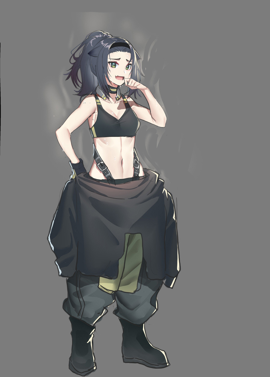 1girl :d animal_ears arknights bare_shoulders black_bra black_footwear black_gloves black_hair black_hairband boots bra breasts collarbone echj fang full_body gloves grey_background grey_overalls hairband hand_on_hip hand_up highres jessica_(arknights) long_hair navel open_mouth overalls overalls_pull ponytail simple_background single_glove small_breasts smile solo sports_bra standing underwear