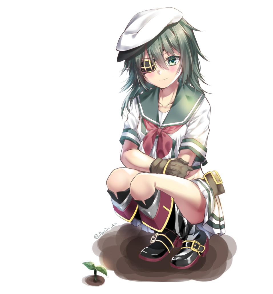 1girl blush boots cape closed_mouth eyebrows_visible_through_hair eyepatch full_body green_eyes green_hair hair_between_eyes hair_ornament hat kantai_collection kiso_(kantai_collection) military military_uniform naval_uniform neckerchief plant sailor_hat school_uniform serafuku short_hair sitting solo thighs uniform yuihira_asu