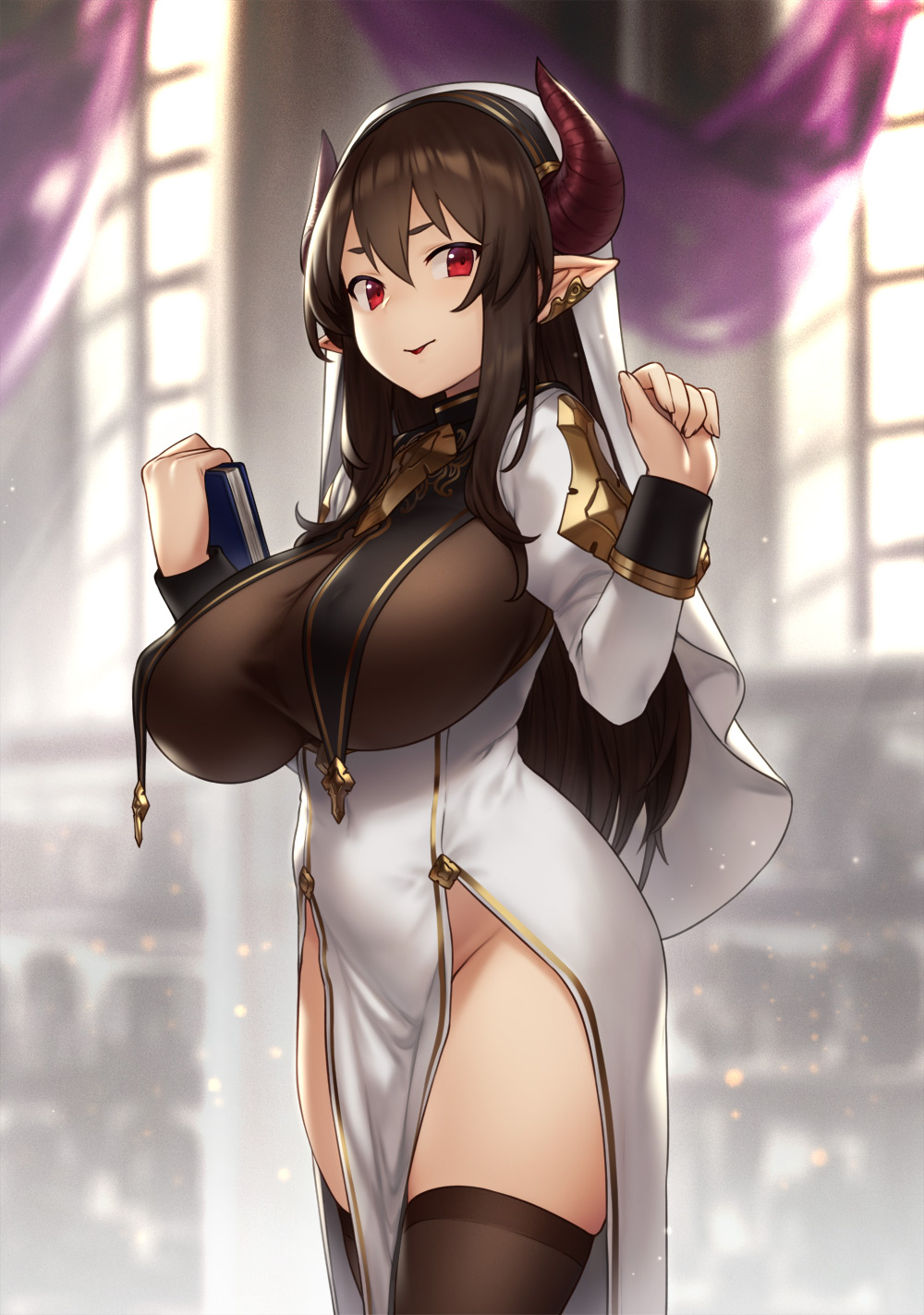 1girl backlighting bangs book breasts brown_hair brown_legwear commentary_request dress habit hair_between_eyes highres horns houtengeki large_breasts light_rays long_hair long_sleeves looking_at_viewer no_panties open_mouth original parted_lips pelvic_curtain pointy_ears red_eyes side_slit smile solo thigh-highs thighs white_dress window