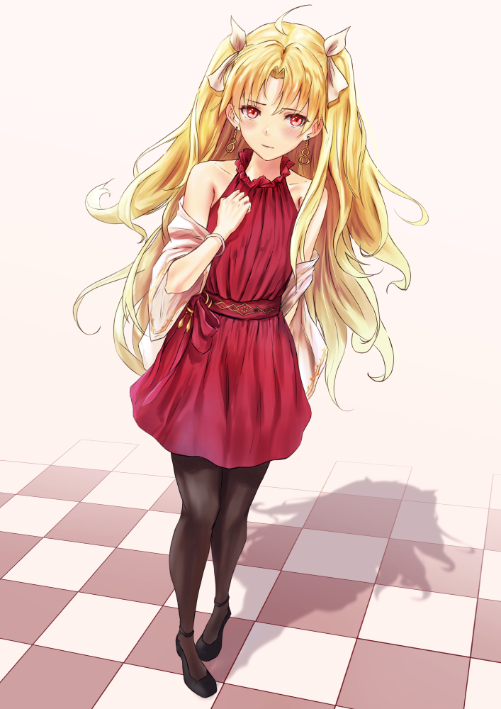 1girl ahoge bitter_sweet_(fate/grand_order) black_footwear black_legwear blonde_hair blush bow checkered checkered_floor dress earrings ereshkigal_(fate/grand_order) fate/grand_order fate_(series) floating_hair hair_between_eyes hair_bow jewelry long_hair pantyhose red_dress red_eyes shadow short_dress sleeveless sleeveless_dress solo standing tanikku twintails very_long_hair white_background white_bow