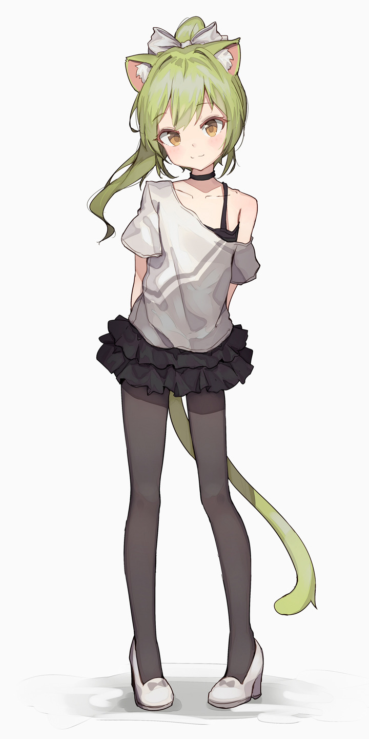 1girl :3 animal_ear_fluff animal_ears arms_behind_back black_choker black_legwear black_skirt brown_eyes cat_ears cat_tail choker collarbone commentary english_commentary eyebrows_visible_through_hair full_body green_hair hair_ribbon high_heels highres long_hair looking_at_viewer off_shoulder original pantyhose ponytail ribbon shoes shone short_sleeves simple_background single_bare_shoulder skirt smile solo tail white_background white_footwear white_ribbon