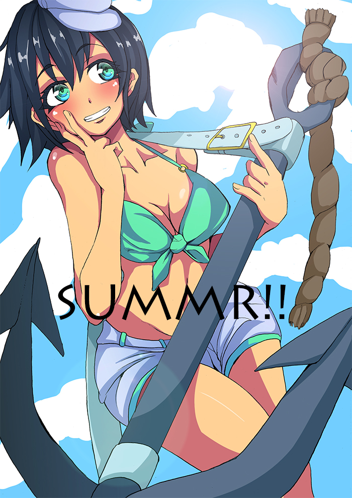 1girl alternate_costume anchor aqua_bikini aqua_bikini_top aqua_eyes bare_legs bare_shoulders bikini bikini_top black_hair blue_sky blush breasts cleavage clouds collarbone commentary_request english_text finger_to_cheek front-tie_bikini front-tie_top grin hat holding_anchor looking_to_the_side medium_breasts murasa_minamitsu omigawa_namari rope sailor_hat short_hair shorts sky sling smile solo summer sunlight swimsuit touhou white_hat white_shorts