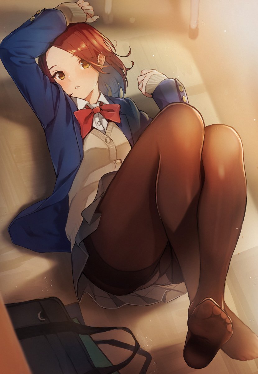 1girl blush bow brown_eyes brown_hair classroom doushimasho feet female highres jacket lying no_shoes original pantyhose parted_lips red_bow school_uniform short_hair skirt solo toes
