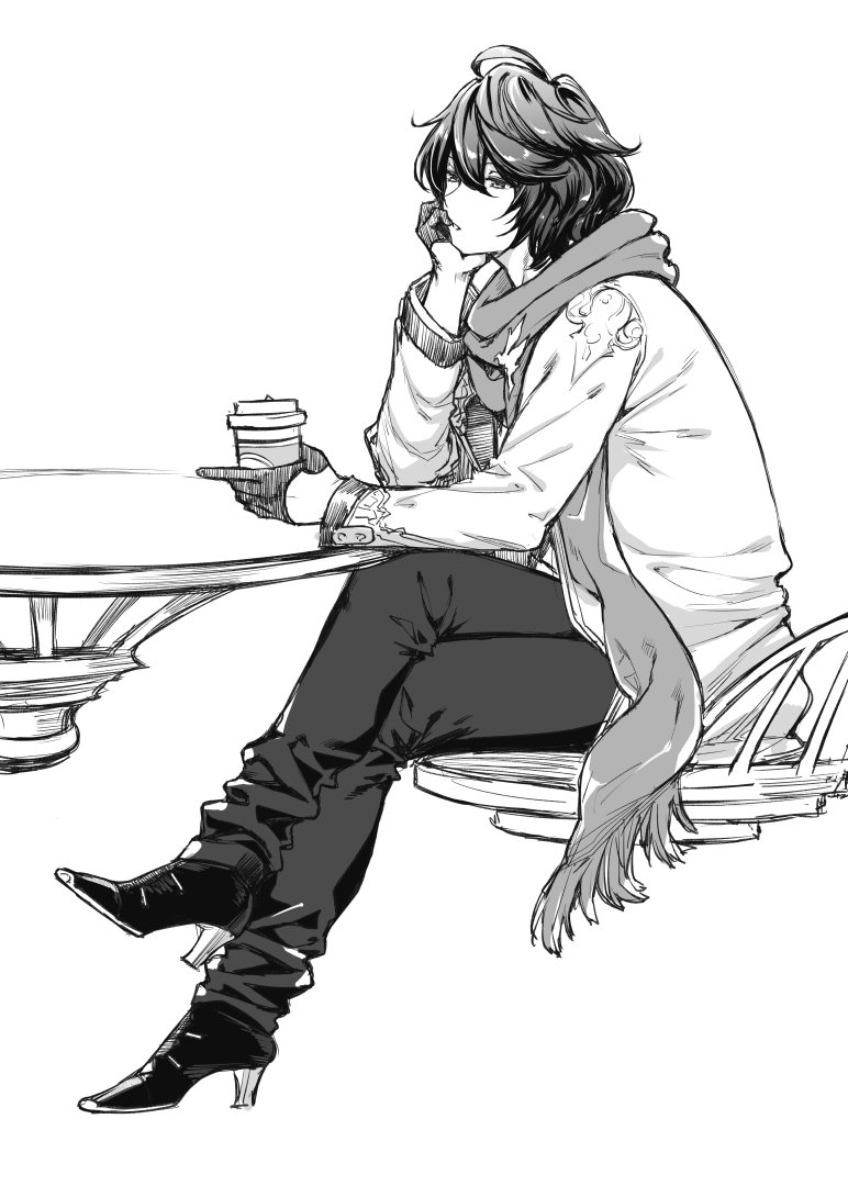 1boy casual cup gloves granblue_fantasy hair_between_eyes half_gloves high_heels holding holding_cup jacket long_sleeves male_focus mushi024 open_mouth sandalphon_(granblue_fantasy) scarf shirt short_hair sitting table