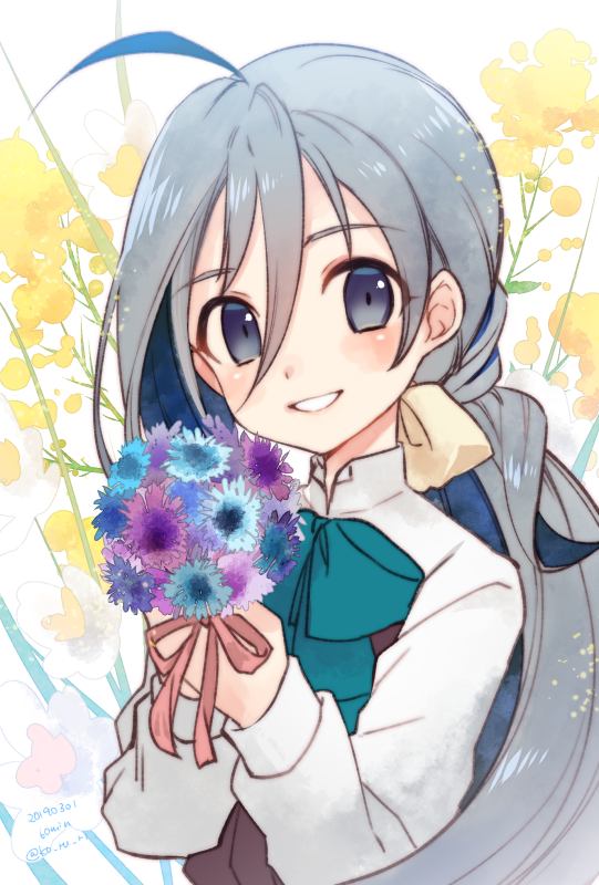 1girl ahoge blush bouquet bow bowtie dress eyebrows_visible_through_hair floral_background flower grey_eyes grey_hair hair_between_eyes hair_bun halterneck kantai_collection kiyoshimo_(kantai_collection) koruri lips long_hair long_sleeves looking_at_viewer low_twintails parted_lips purple_dress ribbon school_uniform shirt sleeveless sleeveless_dress smile solo teeth twintails upper_body very_long_hair white_shirt yellow_ribbon