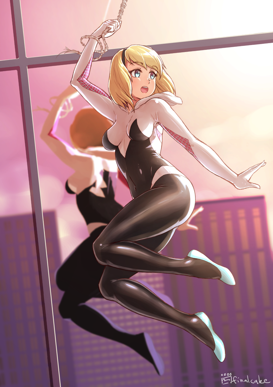 1girl artist_name blonde_hair blue_eyes bodysuit building city covered_navel evening eyebrows_visible_through_hair finalcake gwen_stacy hairband highres hood marvel open_mouth reflection short_hair silk smile solo spider-gwen spider-man_(series) spider_web spider_web_print sunlight sunset superhero window