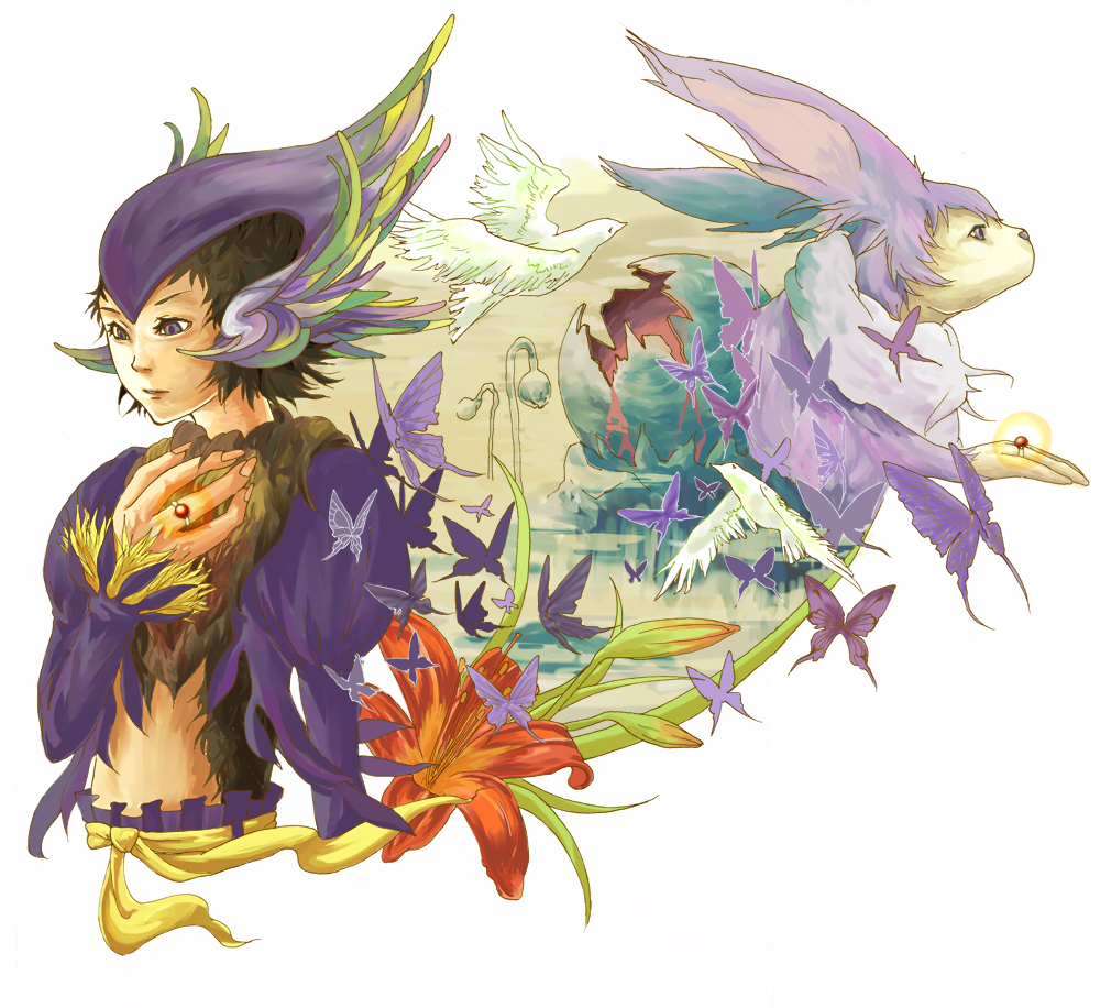 1boy androgynous animal animal_ears bird brown_hair bug butterfly coon_(saga_frontier) dove eye_contact facing_viewer flower fur furry green_eyes hair_ornament insect jewelry looking_at_another looking_at_viewer male_focus midriff monster navel parted_lips saga saga_frontier short_hair simple_background smile solo tail white_background white_hair