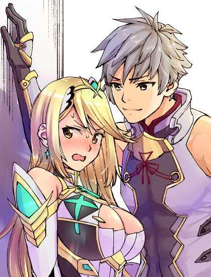 1boy 1girl adel_orudou armor bangs bare_shoulders blonde_hair blush breasts cleavage closed_mouth dress earrings elbow_gloves gem gloves grey_hair hair_ornament headpiece mythra_(xenoblade) jewelry large_breasts long_hair nervous nintendo ooshima_aki open_mouth short_hair shoulder_armor sweat sweatdrop swept_bangs tiara very_long_hair wall white_dress xenoblade_(series) xenoblade_2 xenoblade_2:_ogon_no_kuri_ira yellow_eyes