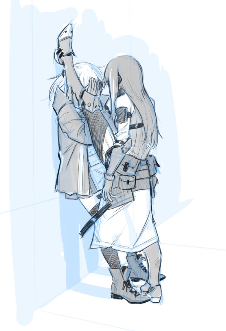 2girls against_wall blue_theme boots covering_face girls_frontline gloves greaves jacket leaning_back leg_lift long_hair m4a1_(girls_frontline) maiqtells monochrome multiple_girls pouch sidelocks sketch st_ar-15_(girls_frontline) standing standing_on_one_leg thigh-highs wall_slam