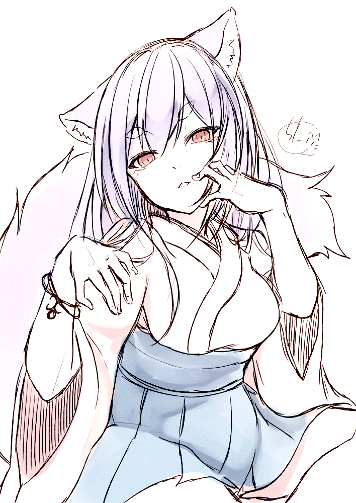 1girl animal_ear_fluff animal_ears bangs blue_skirt bracelet breasts brown_eyes chita_(ketchup) eyebrows_visible_through_hair fingernails fox_ears fox_girl fox_tail grey_hair hair_between_eyes hands_up head_tilt japanese_clothes jewelry kimono long_hair medium_breasts original pleated_skirt short_eyebrows short_sleeves sitting skirt solo tail tail_raised thick_eyebrows white_kimono wide_sleeves