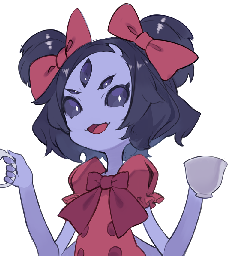 1girl black_hair bow cup extra_arms extra_eyes hair_bow hajime_(hajime-ill-1st) holding monster_girl muffet open_mouth purple_skin red_shirt ribbon shirt short_hair simple_background smile solo teacup teapot two_side_up undertale upper_body violet_eyes white_background