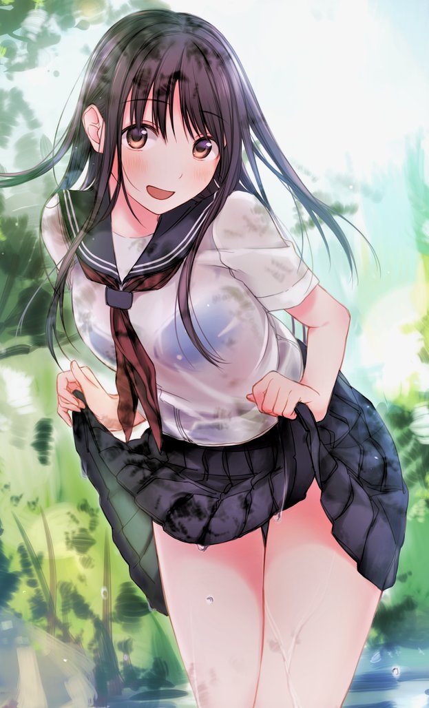 1girl :d black_hair black_sailor_collar black_skirt brown_eyes brown_neckwear cowboy_shot day eyebrows_visible_through_hair floating_hair kirisawa_saki leaning_forward lifted_by_self long_hair looking_at_viewer miniskirt neckerchief open_mouth original outdoors pleated_skirt sailor_collar school_uniform see-through serafuku shirt short_sleeves skirt skirt_lift smile solo standing wet wet_clothes wet_shirt wet_skirt white_shirt