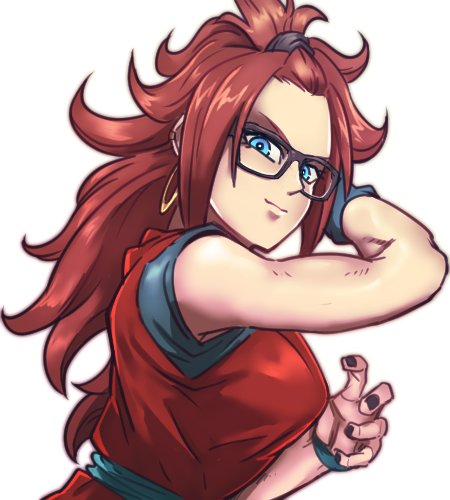 1girl android_21 arm_up black-framed_eyewear black_nails blue_eyes blue_shirt brown_hair closed_mouth commentary_request cosplay curly_hair dougi dragon_ball dragon_ball_fighterz earrings fighting_stance glasses hair_ornament hoop_earrings jewelry long_hair lowres nail_polish scrunchie shirt solo son_gokuu st62svnexilf2p9 upper_body very_long_hair wristband