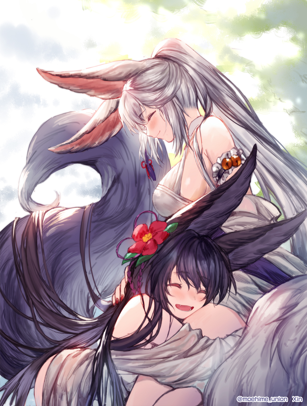 2girls animal_ears bangs bare_shoulders bell black_hair blush breasts choker closed_eyes day detached_sleeves erune fangs fox_ears fox_tail fur_trim granblue_fantasy hair_bell hair_ornament highres hug jingle_bell large_breasts long_hair medium_breasts multiple_girls nail_polish obiwan open_mouth outdoors red_nails sidelocks silver_hair smile socie_(granblue_fantasy) tail twitter_username very_long_hair yuel_(granblue_fantasy)