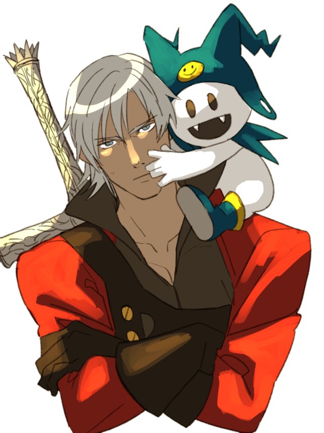 2boys annoyed atlus boots capcom closed_mouth collarbone collared_shirt crossed_arms dante_(devil_may_cry) devil_may_cry fangs frilled_shirt_collar frills gloves hat head_tilt hug human jack_frost jacket long_sleeves looking_at_viewer megami_tensei multiple_boys open_clothes open_jacket open_mouth persona popped_collar pspsno_pan red_jacket shin_megami_tensei shirt short_hair simple_background snowman sweatdrop sword sword_behind_back upper_body upset weapon white_background