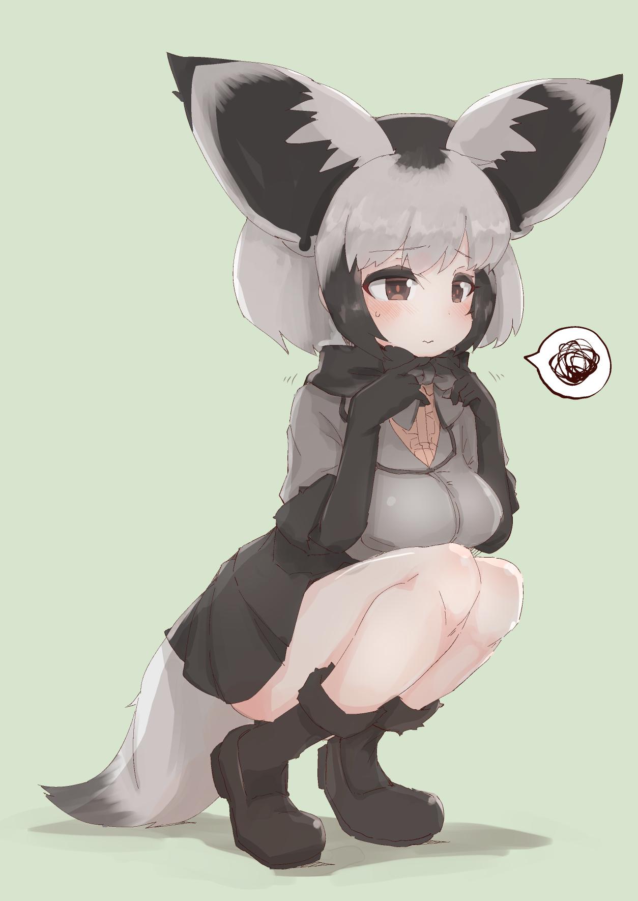 1girl animal_ears bat-eared_fox_(kemono_friends) black_hair blush bow bowtie brown_eyes center_frills coat commentary_request elbow_gloves extra_ears eyebrows_visible_through_hair fingers_to_chin fox_ears fox_tail full_body gloves grey_hair highres kemono_friends large_ears loafers multicolored_hair pleated_skirt scarf shoes short_hair short_sleeves skirt socks solo spoken_squiggle squatting squiggle sweatdrop tail teranekosu wavy_mouth