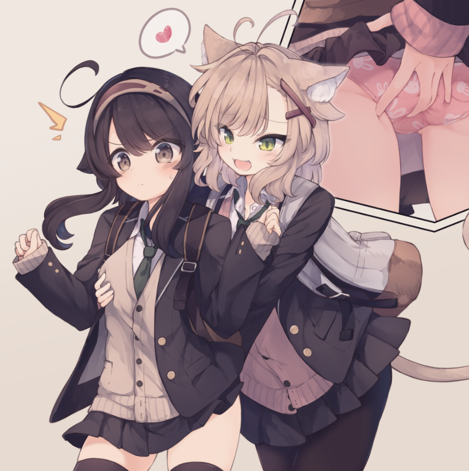 /\/\/\ 2girls :d ahoge animal_ear_fluff animal_ears animal_print antenna_hair ass_grab backpack bag bangs black_jacket black_legwear black_skirt blush breast_grab breasts brown_background brown_cardigan brown_eyes brown_hair brown_hairband bunny_panties bunny_print cardigan cat_ears cat_girl cat_tail closed_mouth collared_shirt dress_shirt eyebrows_visible_through_hair fang female_pervert grabbing grabbing_from_behind green_eyes green_neckwear hair_between_eyes hairband heart jacket light_brown_hair long_hair multiple_girls natsuki_teru necktie nekomiya_ryuu open_clothes open_jacket open_mouth original panties pantyhose pervert pink_cardigan pink_panties pleated_skirt print_panties shikibe_ayaka shirt sidelocks simple_background skirt small_breasts smile spoken_heart tail thigh-highs underwear v-shaped_eyebrows white_shirt yuri