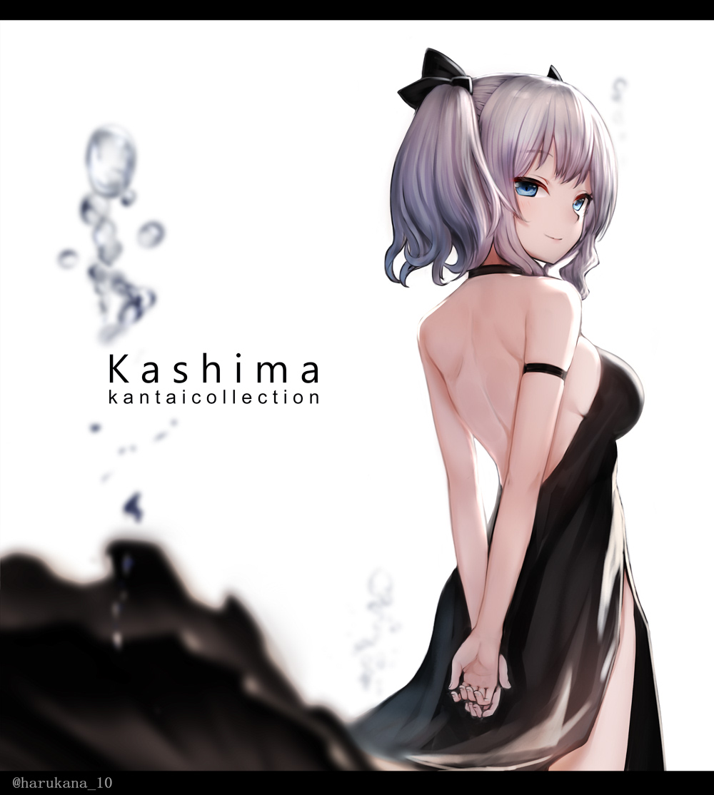 1girl arm_garter arms_behind_back backless_dress backless_outfit bare_shoulders black_choker black_dress black_ribbon blue_eyes character_name choker closed_mouth commentary_request copyright_name dress eyebrows_visible_through_hair hair_ribbon harukana_(harukana_10) kantai_collection kashima_(kantai_collection) letterboxed looking_at_viewer ribbon short_hair silver_hair simple_background smile solo twintails white_background