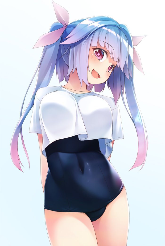 1girl arms_behind_back blue_hair breasts commentary_request cowboy_shot hair_ribbon i-19_(kantai_collection) kantai_collection large_breasts long_hair looking_at_viewer mofu_namako one-piece_swimsuit red_eyes ribbon school_swimsuit shirt simple_background smile solo star star-shaped_pupils swimsuit swimsuit_under_clothes symbol-shaped_pupils t-shirt tri_tails twintails white_background white_shirt