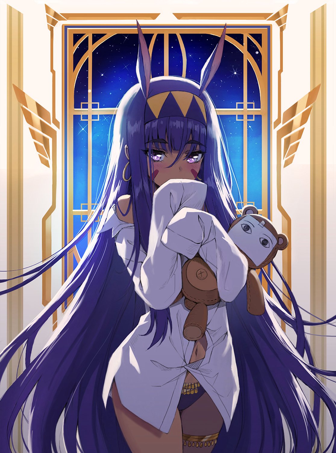 &lt;o&gt;_&lt;o&gt; 1girl animal_ears bangs bare_shoulders black_panties blunt_bangs blush covering_mouth dress_shirt earrings eyebrows_visible_through_hair facial_mark fate/grand_order fate_(series) hair_between_eyes hairband highres hoop_earrings jewelry long_hair long_sleeves looking_at_viewer navel night night_sky nitocris_(fate/grand_order) no_pants off_shoulder panties paper purple_hair rabbit_ears shirt sky sleeves_past_fingers sleeves_past_wrists solo star_(sky) starry_sky straight_hair stuffed_animal stuffed_toy teddy_bear thigh_strap tonee two-tone_hairband underwear very_long_hair violet_eyes whisker_markings white_shirt window