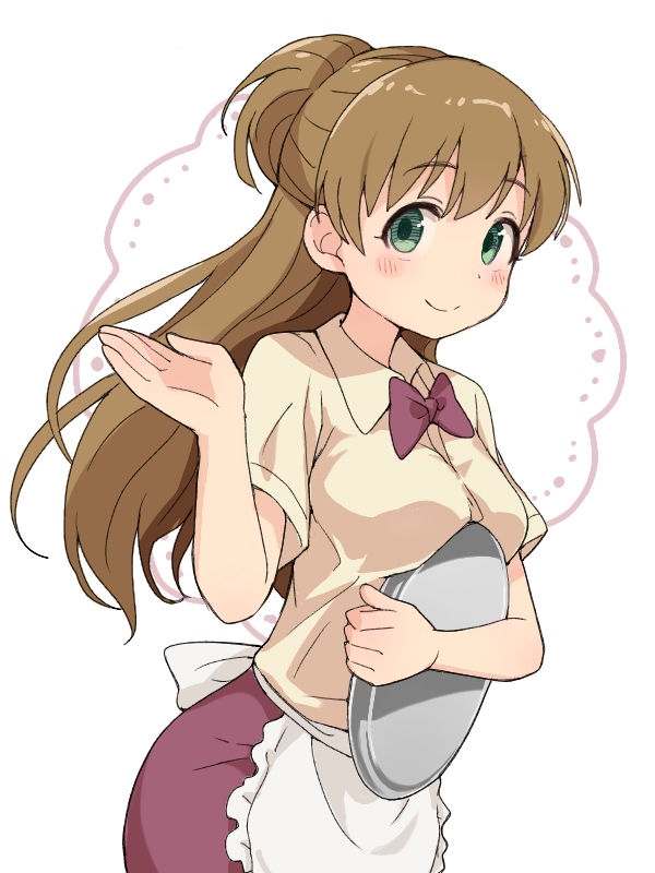 1girl apron bangs blush bow breasts brown_hair brown_shirt character_request closed_mouth collared_shirt ddak5843 eyebrows_visible_through_hair frilled_apron frills green_eyes hair_between_eyes hand_up holding holding_tray idolmaster long_hair medium_breasts ponytail red_bow red_skirt shirt short_sleeves skirt smile solo tray uniform very_long_hair waist_apron waitress white_apron white_background