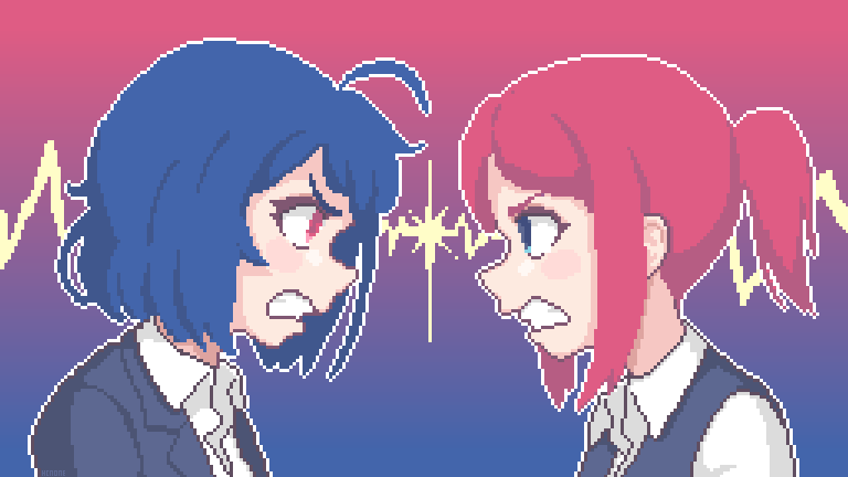 2girls angry blue_eyes blue_hair clenched_teeth collared_shirt commentary confrontation english_commentary eye_contact glaring gradient gradient_background hcnone lightning_glare looking_at_another multiple_girls original pixel_art red_eyes redhead shirt short_hair simple_background spark teeth upper_body