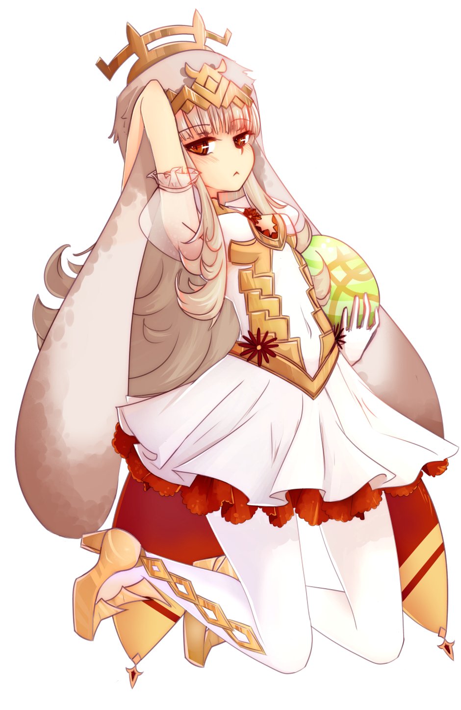 1girl animal_ears arm_up closed_mouth easter_egg egg fake_animal_ears fire_emblem fire_emblem_heroes flower full_body gloves grey_hair hair_ornament high_heels highres holding lijeah long_hair nintendo pantyhose rabbit_ears red_eyes simple_background solo veronica_(fire_emblem) white_background white_gloves white_legwear