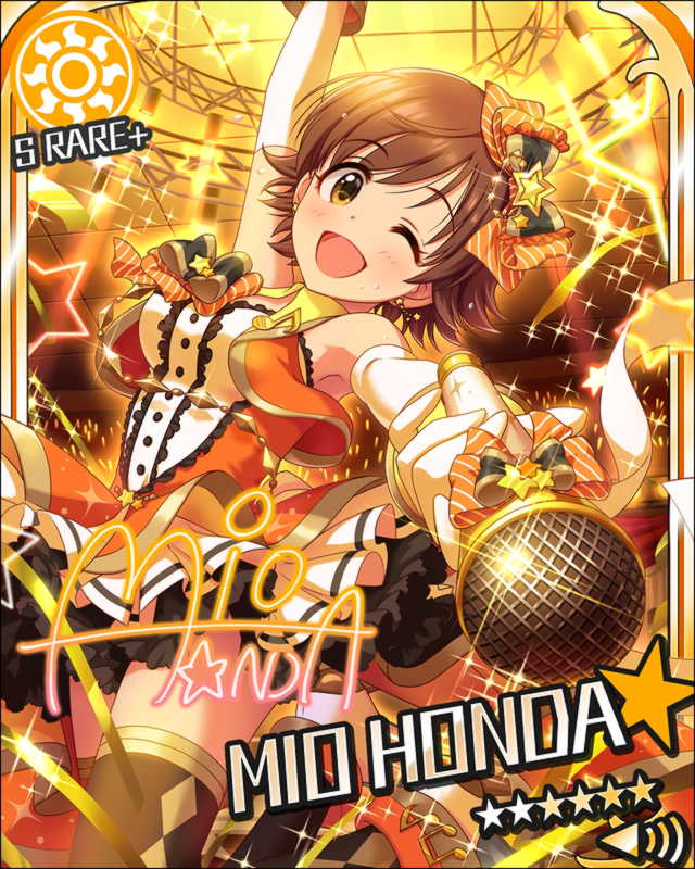 blush brown_eyes brown_hair character_name dress honda_mio idolmaster idolmaster_cinderella_girls short_hair smile stars wink