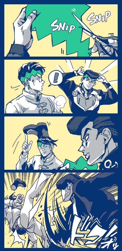 ! 2boys 4koma anger_vein boots coffee comic diamond_wa_kudakenai fighting footwear_on_head higashikata_jousuke imitating jojo_no_kimyou_na_bouken kishibe_rohan male_focus multiple_boys pompadour scissors