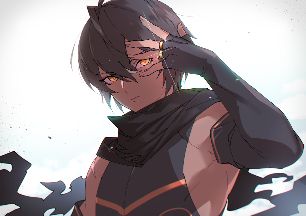 1boy armpits black_hair dark_skin dark_skinned_male granblue_fantasy jamil_(granblue_fantasy) jewelry mako_(ikuji-san) male_focus ring scar scarf solo