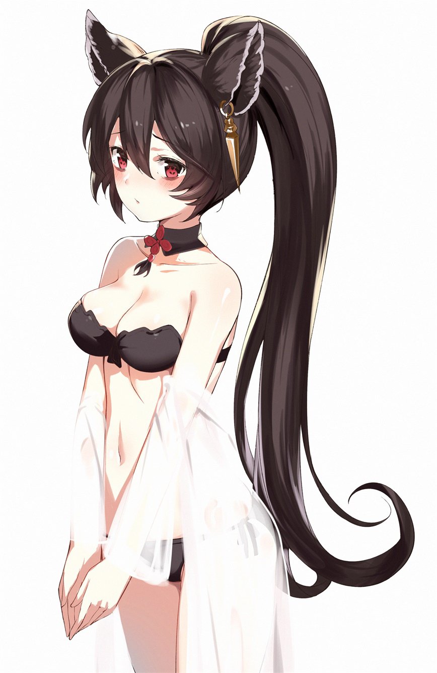 1girl animal_ears bangs bare_shoulders bikini black_bikini black_hair blush breasts choker cleavage closed_mouth collarbone commentary_request cowboy_shot ear_piercing earrings erune eyebrows_visible_through_hair gin00 granblue_fantasy grey_background groin hair_between_eyes high_ponytail highres jewelry long_hair long_sleeves looking_at_viewer medium_breasts navel niia off_shoulder piercing ponytail red_eyes see-through side-tie_bikini simple_background solo standing stomach swimsuit v_arms very_long_hair white_background