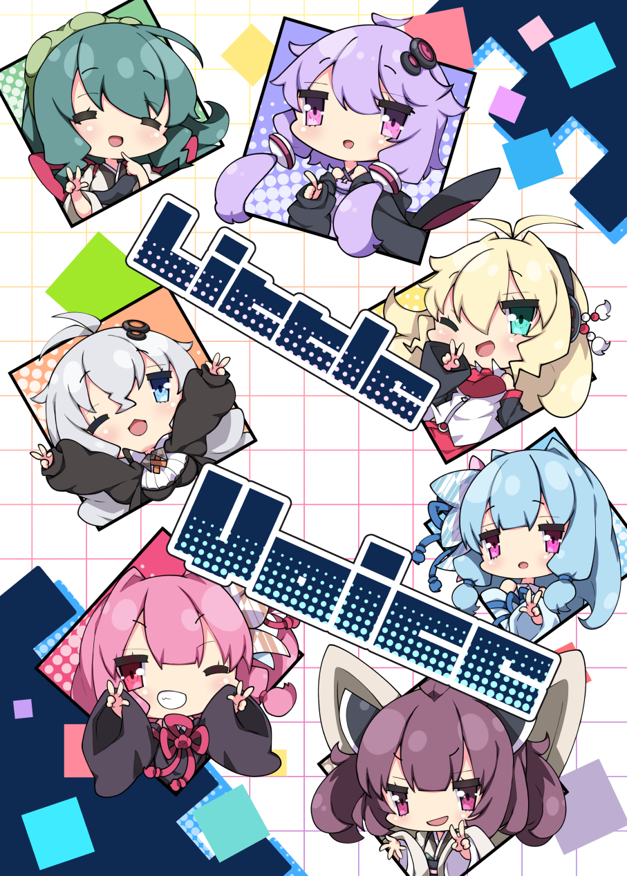 6+girls ;d =_= ahoge antenna_hair bangs bare_shoulders black_jacket blue_dress blue_eyes blue_hair blue_ribbon blush breasts brown_dress brown_hair chibi closed_eyes commentary_request criss-cross_halter double_v double_w dress english_text eyebrows_visible_through_hair green_eyes green_hair green_hairband grey_kimono grin hair_between_eyes hair_ornament hair_ribbon hairband halterneck headgear headphones highres index_finger_raised jacket japanese_clothes kimono kizuna_akari kotonoha_akane kotonoha_aoi large_breasts long_hair long_sleeves milkpanda multiple_girls one_eye_closed open_clothes open_jacket open_mouth outstretched_arms pink_eyes pink_hair puffy_long_sleeves puffy_sleeves purple_dress purple_hair red_eyes red_ribbon ribbon shirt sidelocks silver_hair sleeves_past_wrists smile touhoku_kiritan touhoku_zunko tsurumaki_maki twintails v violet_eyes vocaloid voiceroid w white_kimono white_shirt wide_sleeves yuzuki_yukari